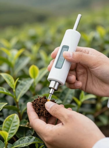 Close-up photography of soil testing in a vibrant tea garden, featuring a professional agricultural hand holding a sensor, soft focus background.