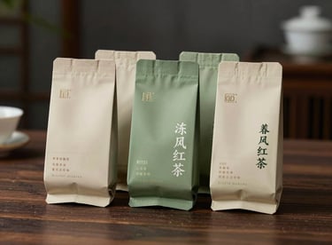 A minimalist display of high-end private label tea packaging in sage green and cream colors on a dark wooden surface, East Asian corporate style.