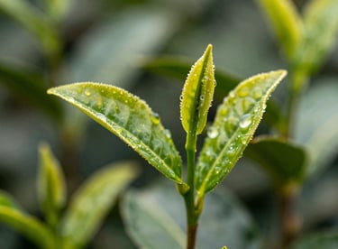 Macro shot of fresh tea buds with morning dew on a tea plant, highlighting the meticulous craftsmanship and raw material quality.