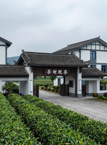 A panoramic view of the Hunan Bliss Tea factory entrance, featuring modern architecture integrated with traditional Chinese tea garden elements.