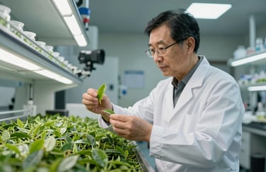 An East Asian tea master with an agricultural degree inspecting fresh green leaves in a high-tech modern laboratory setting with professional lighting.
