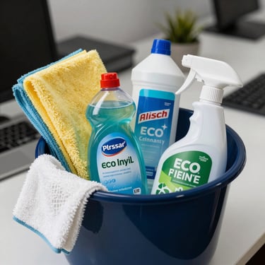 Professional cleaning supplies including high-quality microfiber cloths and eco-friendly solutions in a deep blue bucket, organized in a modern office environment.