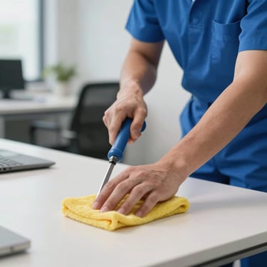 Close-up of a professional cleaner in blue uniform performing detailed maintenance cleaning on a modern office desk in a German corporate setting.
