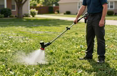 Professional lawn care expert applying treatment to a healthy green lawn in the North American / US Chicago suburbs, bright daylight.