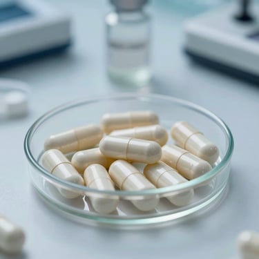 Close-up of high-quality pharmaceutical capsules in a petri dish inside a professional Indian lab, with a Steel Blue and White sterile background.