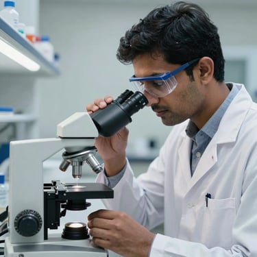 A South Asian pharmaceutical researcher wearing a white lab coat and safety glasses, meticulously analyzing a sample under a microscope in a brightly lit lab.