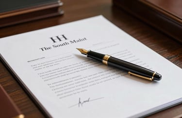 A still life of a fountain pen and a legal document with a signature, arranged neatly on a desk in an upscale South Asian law office.