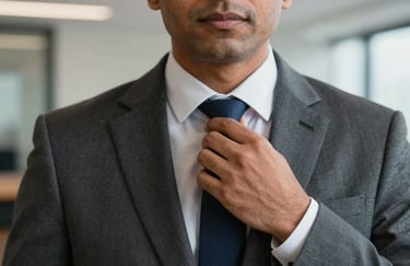 A close-up of a professional South Asian legal expert in a suit, adjusting a tie in a modern office, representing confidence and readiness.
