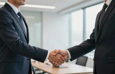 A professional handshake between two executives in a bright, contemporary South American business lounge, symbolizing a successful partnership.