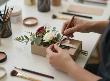 A designer at our Casablanca studio crafting a bespoke gift arrangement, focusing on the high-quality materials and creative process.