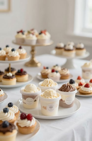 A beautifully arranged communion table with personalized treats and artisanal ice cream containers, soft #F8F8F8 lighting.