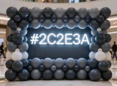 Detailed shot of a Balloon Art installation with a neon-style sign, professional and modern aesthetic, incorporating #2C2E3A depth.