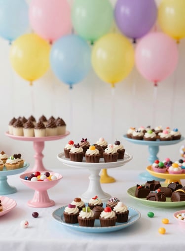 A colorful birthday party table with a custom chocolate and candy display, bright and inviting, showcasing creative #A7727D decorations.