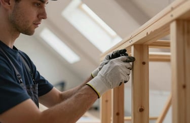 A technician wearing professional gloves inspecting a wooden structure in a bright, modern attic space in Hamburg, focus on expertise and care.