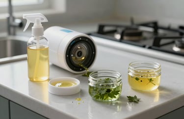 Macro photography of eco-friendly pest control equipment and non-toxic gel applications in a sterile kitchen environment, bright lighting.