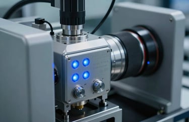 A close-up of high-tech manufacturing equipment with blue LED indicator lights and silver metallic surfaces in a professional lab.