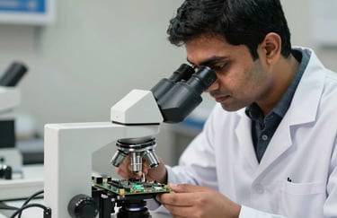 A focused professional in a clean lab coat in a South Asian setting, inspecting a circuit board with a high-resolution microscope.