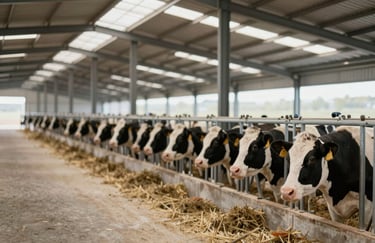 Clean and spacious livestock housing, showing the sophisticated infrastructure of the ranch with a focus on animal comfort.