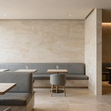 Minimalist interior of a Brazilian tasting room with clean lines, beige stone walls, and slate grey leather seating. Tranquil architecture.