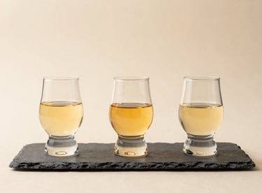 A flight of three different artisanal spirits in small tasting glasses arranged on a slate grey tray with a warm ivory background.