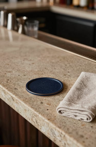 Sophisticated bar counter detail in a South American lounge. A limestone surface with a high-end deep charcoal blue coaster and a linen napkin.