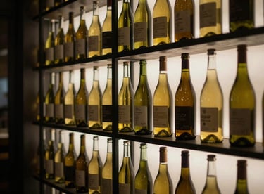 View of a temperature-controlled wine wall with backlighting reflecting off glass bottles. Muted gold and charcoal color scheme.