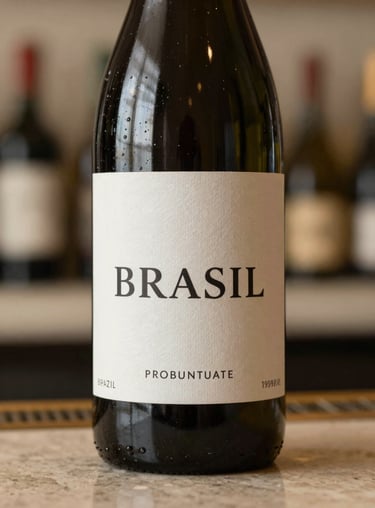 Close-up of a boutique wine bottle label being presented in a sophisticated bar in Brazil with warm beige lighting.