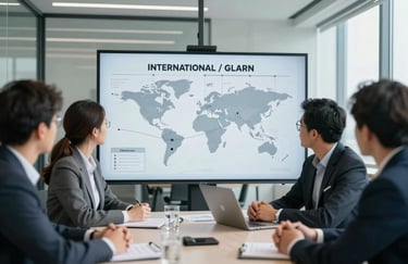 Photography of a collaborative professional meeting in a bright, glass-walled office, focused on a user-journey map, International / Global, light grey-blue palette.