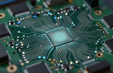 Close-up photography of a high-performance circuit board with subtle light grey-blue glowing paths, representing advanced technology and speed, International / Global.