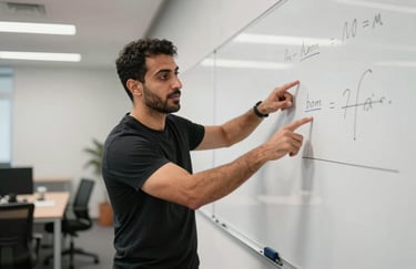 A professional Middle Eastern / Iraqi trainer leading a workshop, pointing at a clean white board in a modern office, energetic atmosphere.