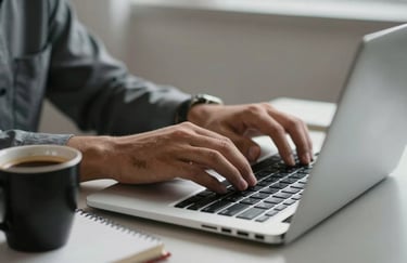 Close-up of hands of a Middle Eastern / Iraqi student typing on a modern laptop in a minimalist workspace, black coffee cup and notebook nearby.