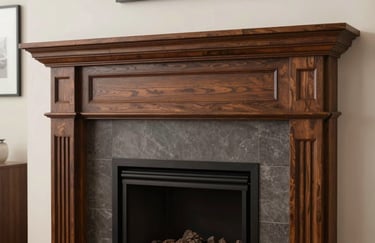 A professional indoor photograph of a custom-built fireplace mantel with elegant molding and a deep brown finish, situated in a modern living room, North American / Pacific Northwest US.