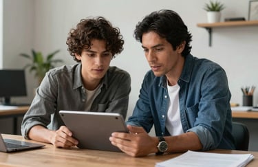 A mentor speaking with a young professional in a creative studio space, both looking at a digital tablet, South American setting, professional and supportive vibe.