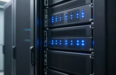 A crisp photograph of a server room with soft blue indicator lights, representing the intelligent data processing core of the platform. The style is clean and tech-inspired.