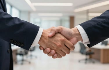 A close-up shot of a firm, professional handshake between two individuals in a bright North American office lobby, symbolizing trust and mentorship partnership.
