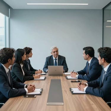 A professional meeting of South Asian business partners in a minimalist boardroom with muted blue accents and large windows.