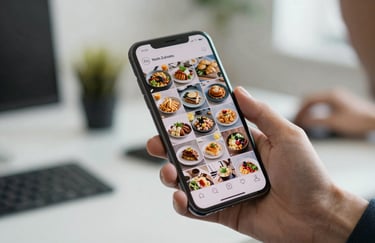 A close-up of a hand holding a smartphone displaying a curated social media grid with high-quality food photography, in a clean and modern North American office setting.