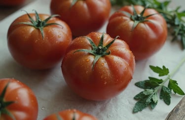 A rustic close-up of fresh, deep crimson heirloom tomatoes and matte green herbs arranged on a crisp parchment surface, natural daylight, North American / US market style.