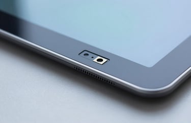 A macro shot of a secure digital interface on a glass tablet, reflecting steel blue and soft azure tones on a clean surface.