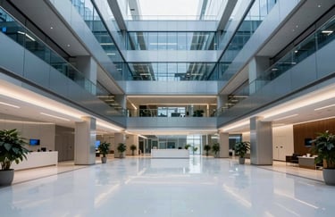 A wide-angle view of a modern technology headquarters lobby, featuring mist white floors and steel blue architectural details.