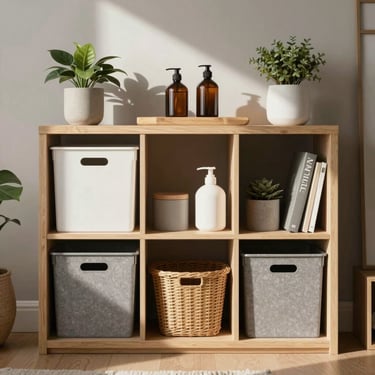 An organized storage area in a modern British home showing neatly placed lifestyle essentials, natural lighting and minimalist style.
