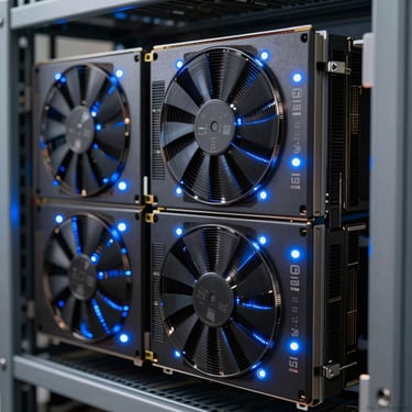Close-up photography of powerful enterprise GPU server blades in a rack, glowing with cool blue LED lights, indicating high-performance local AI processing.