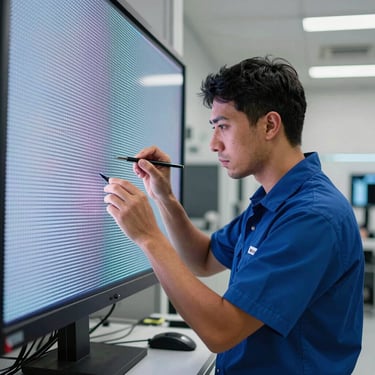A technician wearing a deep blue uniform shirt focused on carefully testing a large LED screen in a modern Dubai technical facility.
