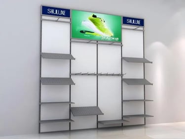 Modern retail wall display shelving unit with Shuluxe branding for footwear merchandising.