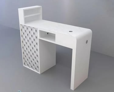 White marble professional nail salon desk with tufted leather paneling and built-in storage shelves.