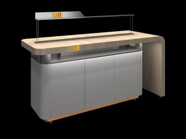 Modern wooden phone and computer display counter with white storage cabinets