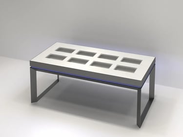 Modern retail display case with glass windows and blue LED lighting on a metal frame.