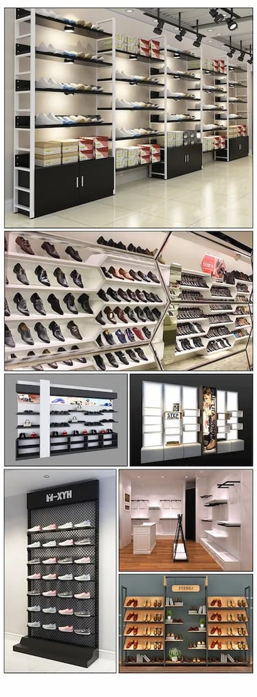 Modern retail shoe display racks and shelving units for commercial footwear store interior design.