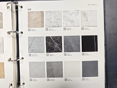Catalog showcasing various stone texture laminate samples for interior design and architectural surfaces.