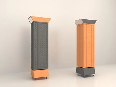 Rotating orange and grey retail display towers with pegboard panels and locking storage bases.